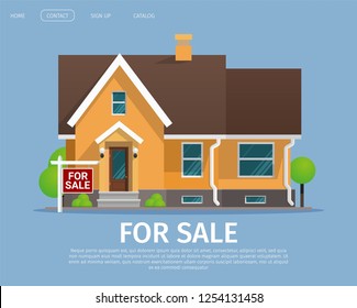 Vector Illustration Cartoon Concept For Sale House. Banner Image Townhouse in Home For Sale Concept. Country House for Living Outside Metropolis in Fresh Air. Isolated on Blue Background