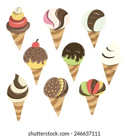 Vector illustration of cartoon cone ice creams.