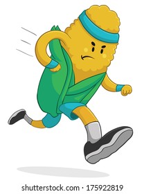 Vector illustration of a cartoon corn running is some fitness clothing. Fully editable.