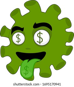 Vector illustration of a cartoon coronavirus with dollar signs on its eyes and tongue