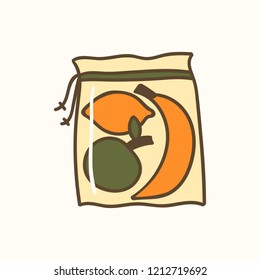 Vector illustration with cartoon cotton bag icon. Textile store shopping bag. Zero waste concept. Reusable fabric for bread, fruits