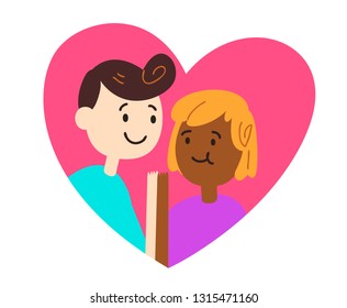 Vector illustration of a cartoon couple holding hands inside a heart.