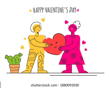 Vector Illustration Of Cartoon Couple Holding Heart Smiley And Plant Pot On White Background For Happy Valentine's Day.