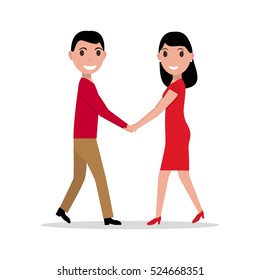 Vector illustration of a cartoon couple in love. Man and woman holding hands. Girl and guy at the meeting. Isolated white background. Flat style. Meet beloved. Rendezvous lovers.