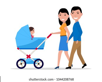 Vector illustration cartoon couple of parents with a stroller and a child. Isolated white background. Happy family walks with baby. Woman and a man with a toddler in a stroller. Flat style.