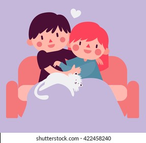 Vector illustration of a cartoon couple sitting on the sofa and hugging each other next to their pet cat.