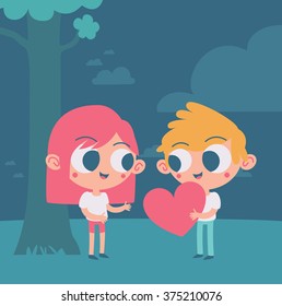 Vector illustration of a cartoon couple trading a heart under a tree at night.