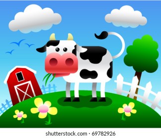 Vector illustration of a cartoon cow eating grass in a farm setting.