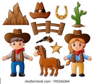 Vector illustration of Cartoon cowboy and cowgirl with wild west elements