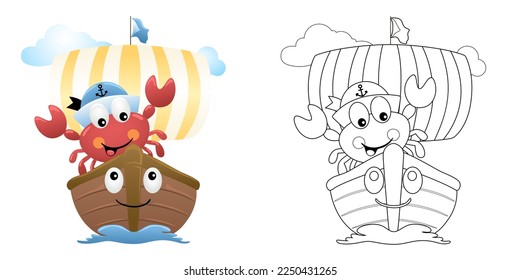 Vector illustration of cartoon crab sailor on funny sailboat. Coloring book or page for kids