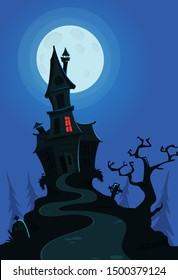 Vector illustration of a cartoon creepy haunted house on halloween night.