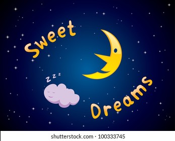 Vector illustration of cartoon crescent and sleeping cloud with "Sweet Dreams" text