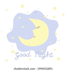 Vector illustration with cartoon crescent, stars and inscription Good Night on white background. For nursery baby room posters, print design, greeting card, baby shower, kids t-shirts or pajamas.