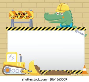 Vector illustration of cartoon crocodile with construction element, blank card template