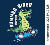 Vector illustration of cartoon crocodile and crocodile riding skateboard. For kids t-shirt.