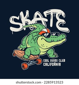 Vector illustration of cartoon crocodile and crocodile riding skateboard. For kids t-shirt.