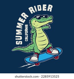 Vector illustration of cartoon crocodile and crocodile riding skateboard. For kids t-shirt.