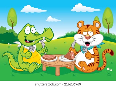 Vector illustration of Cartoon crocodile and tiger eating