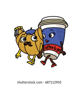 Vector illustration cartoon croissant and funny coffee to go. Emoji croissant and cup