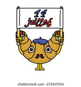 Vector illustration of a cartoon croissant with a sign. Bastille Day illustration. 14 July