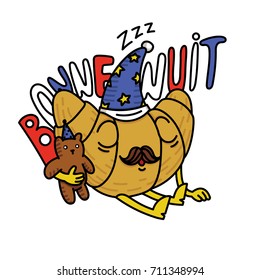 Vector illustration of a cartoon croissant sleeping with a toy bear