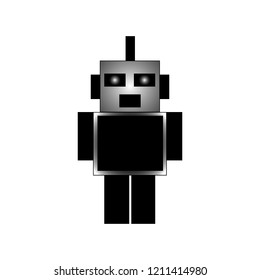 vector illustration of a cartoon cubic robot in black and white with gradients and outline on a white background.