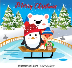 Vector illustration of cartoon cute animals on winter background. Cartoon character fox, bear, penguin and owl. Merry christmas