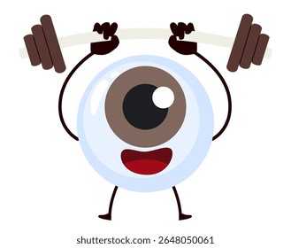 Vector illustration cartoon of a cute anthropomorphic eye character lifting a barbell, representing healthy vision and eyesight fitness