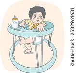 Vector Illustration of Cartoon Cute Baby character sitting on baby walker