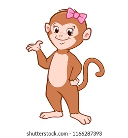 Vector illustration of cartoon cute baby monkey with pink bow