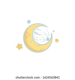 Vector Illustration of Cartoon Cute Baby Sleeping on the moon, Childish greeting card.