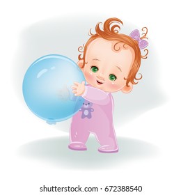 Vector Illustration. Cartoon Cute Baby Crawling To Blue Ball