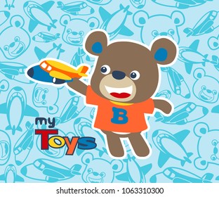 Vector illustration of cartoon cute bear holding plane toy on seamless pattern of bear smiley face and airplane