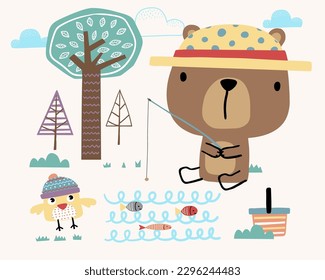 Vector illustration of cartoon cute bear with little bird fishing in the woods