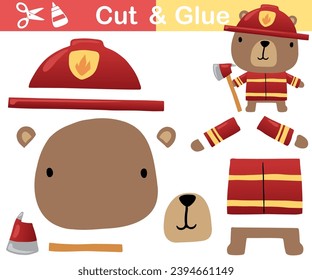 Vector illustration of cartoon cute bear in fireman costume with axe. Paper game for kids. Cut and glue