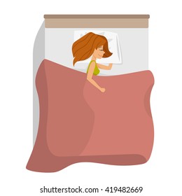 Vector illustration of cartoon cute beautiful woman sleeping in bed.