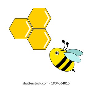 Vector illustration of a cartoon cute bee of yellow color, black stripes, and blue wings. With an emoji face. With yellow hexagonal honeycombs.  Can be used individually.