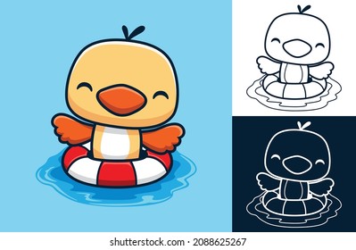 Vector illustration of cartoon cute bird on lifebuoy