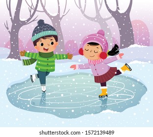 Vector illustration cartoon of cute boy and girl kids ice skating in winter snowy landscape.