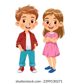 Vector illustration cartoon of a cute boy and a cute girl standing together smiling and dressed in colorful and attractive casual clothes. Isolated on white background