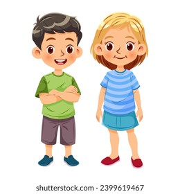 Vector illustration cartoon of a cute boy and a cute girl standing together smiling and dressed in colorful and attractive casual clothes. Isolated on white background