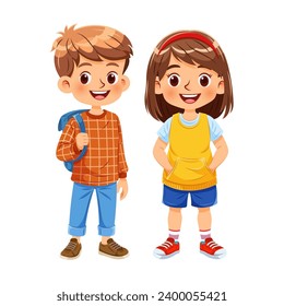 Vector illustration cartoon of a cute boy and a cute girl standing together smiling and dressed in colorful casual clothes. Isolated on white background