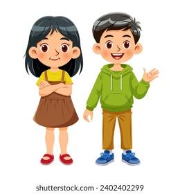 Vector illustration cartoon of a cute boy and a cute girl standing together smiling and dressed in colorful and attractive casual clothes. Isolated on white background