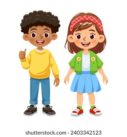 Vector illustration cartoon of a cute boy and a cute girl standing together smiling and dressed in colorful and attractive casual clothes. Isolated on white background