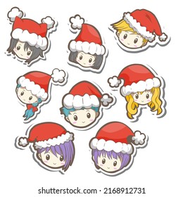 Vector illustration of cartoon cute boys and girls smile with red hats on white background.
