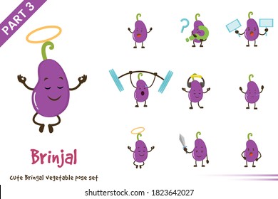 Vector illustration of cartoon cute brinjal vegetable poses set. Isolated on white background.