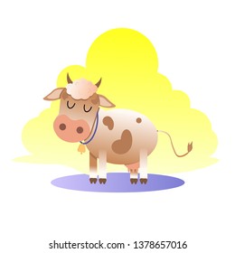 Vector illustration. Cartoon cute brown cow with a bell. White background. 
