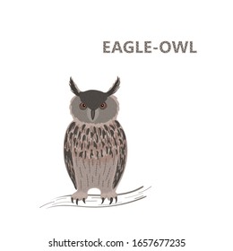 Ilustración vectorial, un tierno búho de águila marrón con una mirada sin guiñar sentada en una rama. Aislado sobre un fondo blanco. Alfabeto animal.