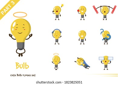 Vector illustration of cartoon cute bulb poses set. Isolated on white background.