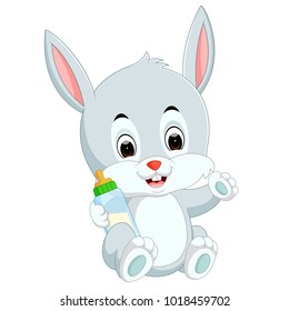 vector illustration of Cartoon cute bunny holding bottle milk with nipple